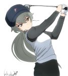  1girl alternate_hairstyle anchovy brown_eyes bukkuri dated girls_und_panzer gloves golf golf_club green_hair hat holding long_hair ponytail signature single_glove solo white_background 