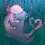  ambiguous_gender amphibian axolotl bubble daria_arbuz duo eyes_closed hug salamander signature simple_background underwater water 