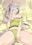  absurdres asashimo_(kantai_collection) bare_shoulders green_panties grey_eyes grey_hair hair_over_one_eye highres jewelry kanmiya_shinobu kantai_collection long_hair looking_to_the_side lying midriff navel on_back panties ponytail ring sharp_teeth strap_slip striped striped_panties teeth underwear underwear_only wedding_band 