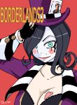  1girl black_gloves borderlands borderlands_2 borderlands_3 breast_tattoo breasts brown_hair card choker cleavage female fingerless_gloves gloves hair_over_one_eye hat large_breasts lipstick looking_at_viewer mad_moxxi makeup mole short_hair smile solo tattoo top_hat 