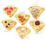  6+others artist_name banana bird chai chocolate chocolate_syrup commentary_request cream crepe dessert food fruit leaf looking_at_viewer mint multiple_others no_humans original simple_background sitting_on_food syrup white_background 