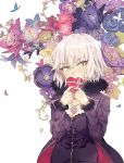  1girl absurdres ahoge black_jacket blue_flower blush breasts bug butterfly cleavage commentary_request eyebrows_visible_through_hair fate/grand_order fate_(series) flower fur_collar fur_trim heart highres holding holding_heart insect jacket jeanne_d&#039;arc_(alter)_(fate) jeanne_d&#039;arc_(fate)_(all) jewelry large_breasts looking_at_viewer necklace o0baijin0o pink_flower purple_flower red_flower rose short_hair silver_hair simple_background solo upper_body white_background yellow_eyes 