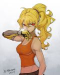  1girl amputee angry blonde_hair breasts highres long_hair ponytail prosthesis prosthetic_arm red_eyes rwby yang_xiao_long 