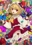  1girl :d absurdres ascot bangs black_gloves blonde_hair bow center_frills commentary_request cowboy_shot crystal daimaou_ruaeru eyebrows_visible_through_hair fang flandre_scarlet frilled_shirt_collar frills gloves hand_up hat hat_bow highres holding holding_pen lego light_particles long_hair long_sleeves looking_at_viewer mob_cap nail_polish one_side_up open_mouth pen petticoat puffy_sleeves puzzle_piece red_bow red_eyes red_nails red_skirt shirt single_glove skirt skirt_set smile solo standing stuffed_animal stuffed_toy teddy_bear thighs touhou toy_train white_headwear white_shirt wings yellow_neckwear 