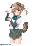  1girl animal_ears ascot blush closed_mouth dog_ears dog_girl dog_tail double_bun ebifurya eyebrows_visible_through_hair hair_between_eyes hair_bun highres kantai_collection kemonomimi_mode light_brown_hair looking_at_viewer michishio_(kantai_collection) paw_pose shirt short_sleeves short_twintails simple_background skirt solo suspenders tail twintails twitter_username white_background white_shirt yellow_eyes 
