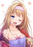  1girl blonde_hair blue_camisole blue_eyes blush camisole carrying_under_arm collarbone commentary_request granblue_fantasy hair_intakes hairband head_tilt highres jacket jeanne_d&#039;arc_(granblue_fantasy) long_hair one_eye_closed open_clothes open_jacket open_mouth pink_hairband red_jacket round_teeth simple_background solo strap_slip stuffed_animal stuffed_toy tears teeth tomo_(user_hes4085) upper_body upper_teeth white_background yawning 