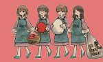  4girls apron aqua_footwear bag bangs basket black_eyes blush collared_dress commentary_request dragging dress egg expressionless eyebrows_visible_through_hair eyes_closed food fruit full_body holding holding_bag holding_egg holding_food holding_fruit long_sleeves low_twintails medium_hair multiple_girls open_mouth original outline oversized_food pink_background ponytail purple_dress sakura_szm shoes short_hair simple_background smile strawberry twintails walking white_outline 