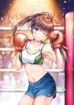  1girl ;d ahoge armpits bare_arms bare_shoulders blue_shorts blurry boxing_gloves boxing_ring breasts brown_hair cleavage collarbone commentary_request confetti contrapposto cowboy_shot crowd floating_hair hands_up long_hair looking_at_viewer medium_breasts midriff mouth_hold navel one_eye_closed open_mouth original ponytail purple_eyes rei_(rei&#039;s_room) short_shorts shorts smile solo_focus sports_bra standing stomach thighs 
