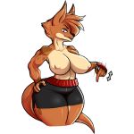  big_breasts black_lips breasts brown_fur clothing fur invalid_tag long_tail macropod mammal marsupial nipple_outline pointing red_eyes savourysausages shiny_nose shorts smile solo tan_fur three-tone_fur wrestler 