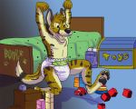  4_toes 5_fingers _bonk_(cheetah-dog) anthro bed bedroom block canid canine canis cheetah diaper digital_media_(artwork) domestic_dog fangs felid feline fur hair hybrid infantilism jimmyrumshot male mammal open_mouth pawpads playing spots toes tongue toy toy_box tuft yellow_eyes yellow_fur 