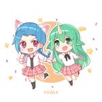  2girls :3 animal_ears blue_hair braid cat_ears fang green_hair horns jinx_(league_of_legends) league_of_legends multiple_girls pointy_ears school_uniform skirt soraka star_guardian_(league_of_legends) star_guardian_soraka twin_braids 