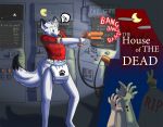  5_fingers _sef afterglow anthro arcade arcade_cabinet arctic_fox black_fur canid canine clothed clothing diaper digital_media_(artwork) fox fur grey_eyes gun holding_object house_of_the_dead jimmyrumshot male mammal multicolored_fur one_eye_closed pac-man_(series) raised_tail ranged_weapon scared shirt shooting_gun smile solo sound_effects speech_bubble standing text video_games weapon white_fur 