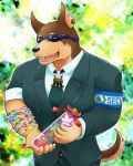  5keys_x86 bodyguard bracelet canid canine canis clothing doberman domestic_dog eyewear flower hi_res jewelry male mammal muscular muscular_male necktie plant smile suit sunglasses tokyo_afterschool_summoners video_games xolotl 