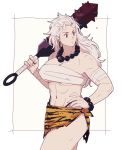  1girl abs animal_print bandage bandaged_arm bandages beads blood bloody_weapon bracelet club dorohedoro dripping earrings hair_slicked_back hand_on_hip holding holding_weapon hoop_earrings horns jewelry loincloth looking_to_the_side medium_hair muscle muscular_female mushisotisis navel necklace noi_(dorohedoro) oni prayer_beads red_eyes scratches simple_background solo spiked_club standing thong tiger_print torn_clothes weapon white_background white_hair 