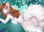  2019 anthro anus breasts brown_hair canid canine canis digital_media_(artwork) female hair lying mammal manikanika on_front pussy smile solo wolf 
