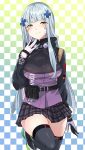  1girl absurdres assault_rifle black_legwear blush breasts checkered checkered_background cowboy_shot facepaint german_flag girls_frontline gloves green_eyes gun h&amp;k_hk416 hand_on_own_chin highres hk416_(girls_frontline) iron_cross leg_up long_hair looking_at_viewer magazine_(weapon) medium_breasts military_jacket plaid plaid_skirt rifle silver_hair skindentation skirt smile solo standing standing_on_one_leg thighhighs thighs urim_(paintur) very_long_hair weapon 