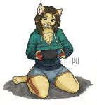  2019 anthro chest_tuft clothed clothing eyebrows eyelashes fangs felid feline female fur haibet hair hoodie machairodontine mammal nintendo nintendo_switch shorts simple_background sitting smile solo switch teeth traditional_media_(artwork) tuft video_games 