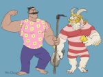  anthro asgore_dreemurr beard big_muscles boss_monster bovid caprine clothing don&#039;t_starve duo facial_hair flower hammer horn human klei_entertainment long_ears male mammal muscular muscular_male mustache nikodavis plant shirt signature simple_background stone text tools undertale video_games wolfgang_(don&#039;t_starve) 