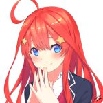  1girl ahoge blue_eyes blush closed_mouth dated go-toubun_no_hanayome hair_ornament long_hair looking_at_viewer mkt nakano_itsuki red_hair school_uniform shirt signature simple_background smile solo star star_hair_ornament upper_body white_background white_shirt 