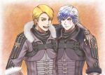  2boys armor blonde_hair blue_hair clothes coat fur_coat gloves green_eyes groh jacket looking_at_viewer male_focus multicolored_hair multiple_boys open_mouth scar short_hair silver_hair simple_background smile soul_calibur soulcalibur_vi teeth 