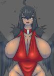  2019 absurd_res animal_humanoid avian avian_humanoid big_breasts black_skin blush breasts clothing digital_media_(artwork) dress fan_character feathered_wings feathers female hair harpy hi_res huge_breasts humanoid quin-nsfw rayne_(quin-nsfw) simple_background solo tongue wings 