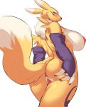  2019 absurd_res anthro anus areola big_breasts black_nose blue_eyes blush breasts butt canid canine cervina7_(artist) digimon digimon_(species) female fur hi_res looking_back mammal multicolored_fur neck_tuft nipples nude pussy rear_view renamon solo thick_thighs tuft two_tone_fur video_games white_fur wide_hips yellow_fur 