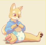  absurd_res anthro blush canid canine canis diaper domestic_dog feet hi_res male mammal ozzybear pawpads sitting smile solo spread_legs spreading 