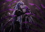  2girls bangs blue_ribbon blunt_bangs commentary eyebrows_visible_through_hair fate/grand_order fate_(series) highres hug juliet_sleeves long_hair long_sleeves meltlilith multiple_girls passion_lip puffy_sleeves purple_eyes purple_hair purple_ribbon ribbon sleeves_past_fingers sleeves_past_wrists zakirsiz 