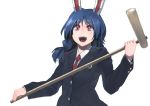  1girl :d animal_ears bangs black_jacket blazer blue_hair braid bunny_ears cosplay eyebrows_visible_through_hair holding holding_mallet ichiba_youichi jacket kine long_hair long_sleeves looking_at_viewer necktie open_mouth red_eyes red_neckwear reisen_udongein_inaba reisen_udongein_inaba_(cosplay) seiran_(touhou) shirt simple_background smile solo touhou twin_braids twintails upper_body white_background white_shirt 