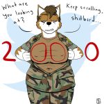  2019 annoyed army big_breasts breasts camo canid canine clothed clothed_breasts clothing dialogue english_text flashing fox mammal military nipples peggy_patterson savagelyrandom slightly_chubby soldier text uniform 