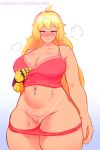  1girl blonde_hair blush breasts cleavage looking_at_viewer milf navel_piercing older perkydee piercing pink_eyes pubic_hair pussy rwby tan tanline thick_thighs thighs yang_xiao_long 