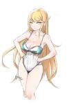  1girl artist_name bangs bare_arms bare_shoulders blonde_hair blush breasts casual_one-piece_swimsuit cleavage closed_mouth collarbone cropped_legs eyebrows_visible_through_hair hands_on_hips hikari_(xenoblade_2) large_breasts long_hair looking_at_viewer nintendo one-piece_swimsuit relaxjon signature simple_background solo straight_hair swept_bangs swimsuit thighs very_long_hair white_background white_swimsuit xenoblade_(series) xenoblade_2 yellow_eyes 