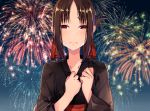  1girl aerial_fireworks bangs black_kimono blurry blurry_background blush brown_hair closed_mouth collarbone commentary_request crying crying_with_eyes_open depth_of_field eyebrows_visible_through_hair fireworks folded_ponytail hair_ribbon hands_up highres japanese_clothes kaguya-sama_wa_kokurasetai_~tensai-tachi_no_renai_zunousen~ kimono long_sleeves night night_sky norazura nose_blush obi outdoors parted_bangs red_eyes red_ribbon ribbon sash shinomiya_kaguya sidelocks sky solo tears upper_body wavy_mouth wide_sleeves 