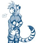  2019 anthro bottomless butt clothed clothing clothing_lift dialogue english_text felid female flora_(twokinds) fur hands_behind_back keidran looking_back mammal monochrome pantherine rear_view shirt shirt_lift simple_background sketch solo striped_fur stripes text tiger tom_fischbach twokinds webcomic white_background 