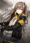  black_jacket black_legwear brown_eyes commentary_request eyebrows_visible_through_hair fingerless_gloves girls_frontline gloves grey_hair gun h&amp;k_ump45 highres holding holding_gun holding_weapon hood hood_down hooded_jacket jacket kyo looking_at_viewer open_clothes open_jacket scar scar_across_eye shirt skirt ump45_(girls_frontline) weapon white_shirt 