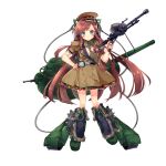  1girl :&lt; belt between_breasts blush boots breasts cable cannon full_body grey_eyes gun hat kolobanov_(milihime_taisen) long_hair looking_at_viewer machine_gun medium_breasts milihime_taisen military military_hat military_uniform necktie necktie_between_breasts official_art red_hair red_star solo track translation_request uniform weapon 