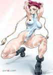  1girl absurdres armpits arms_up bare_legs blonde_hair blue_eyes boots braid breasts cammy_white capcom curvy female full_body hat highleg highres large_breasts leotard long_hair nipples partially_visible_vulva shiny shiny_skin solo street_fighter thong_leotard white_leotard yuri_ai 