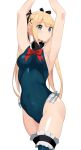  1girl armpits arms_up bangs bare_shoulders black_ribbon blonde_hair blue_eyes blue_legwear blue_leotard blush breasts closed_mouth covered_navel dead_or_alive dead_or_alive_5 frilled_leotard frills hair_ornament hair_ribbon hip_focus leotard long_hair looking_at_viewer marie_rose ribbon sia_namsbinpeni simple_background small_breasts solo thighhighs thighs twintails white_background x_hair_ornament 