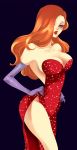  1girl breasts cleavage dress elbow_gloves gloves highres jessica_rabbit lipstick long_hair makeup red_dress red_hair solo who_framed_roger_rabbit 