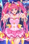  1girl :d abstract_background absurdres ahoge back_bow bow choker collarbone cowboy_shot cure_star dress hair_ornament highres hoshina_hikaru long_hair looking_at_viewer magical_girl nez-kun open_mouth outstretched_hand pink_dress pink_eyes pink_hair pink_legwear pink_neckwear precure single_thighhigh smile solo standing star star_choker star_hair_ornament star_twinkle_precure thighhighs twintails yellow_bow 