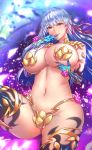  1girl antiqq armlet bare_shoulders breasts earrings eyebrows_visible_through_hair fate/grand_order fate_(series) gold hair_ribbon highres huge_breasts jewelry kama_(fate/grand_order) looking_at_viewer lying navel on_back purple_ribbon red_eyes revealing_clothes ribbon silver_hair solo 