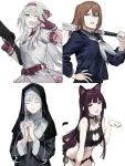  4girls absurdres ak-12_(girls_frontline) alternate_costume an-94 an-94_(girls_frontline) animal_ears assault_rifle bangs bell bell_choker bra brown_hair cat_ears cat_lingerie cat_tail choker duoyuanjun eyes_closed girls_frontline gloves green_eyes gun hair_between_eyes hands_clasped highres holding holding_baseball_bat holding_gun holding_weapon long_hair long_sleeves m1903_springfield_(girls_frontline) meme_attire multiple_girls nun one_eye_closed open_mouth own_hands_together panties puffy_short_sleeves puffy_sleeves purple_eyes purple_hair red_gloves rifle school_uniform short_sleeves simple_background tail teeth underwear wa2000_(girls_frontline) weapon white_background white_hair 