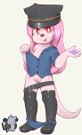  2019 conditional_dnp cub digital_media_(artwork) female flat_chested hair hat hi_res lpawz nipple_flash nipples pink_hair pussy pyravia simple_background solo striptease teasing thigh_boots young 
