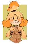  2019 animal_crossing anthro blush breasts canid canine canis clothed clothing collar domestic_dog female fishnet_topwear fur hair isabelle_(animal_crossing) mammal navel nintendo seii_shin shih_tzu simple_background smile solo spiked_collar spikes video_games yellow_fur 