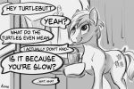  2019 cutie_mark dialogue earth_pony english_text equid equine friendship_is_magic greyscale hair hi_res horse kam male mammal monochrome my_little_pony pony sandbar_(mlp) solo text 