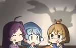  3girls ahoge animal animal_on_head blue_hair brown_hair commentary_request crab curled_fingers dated double_bun fang grey_eyes hagikaze_(kantai_collection) hamu_koutarou highres kantai_collection lantern long_hair multiple_girls oboro_(kantai_collection) on_head one_side_up open_mouth pajamas purple_hair samuel_b._roberts_(kantai_collection) shadow short_hair skin_fang upper_body 