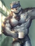  2019 abs anthro canid canine canis fur headband hi_res horkeukamui male mammal multicolored_fur muscular muscular_male nipples pecs salz_sop solo tokyo_afterschool_summoners video_games white_fur wolf 