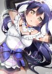  1girl apron armpit_peek arms_up bangs blue_hair commentary_request detached_sleeves earrings hair_between_eyes highres jewelry long_hair looking_at_viewer love_live! love_live!_school_idol_project lying maid maid_apron maid_headdress mogyutto_&quot;love&quot;_de_sekkin_chuu! on_back panda_copt parted_lips ribbon simple_background solo sonoda_umi yellow_eyes 