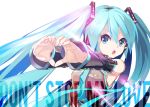  1girl aqua_eyes aqua_hair bare_shoulders commentary detached_sleeves hair_ornament hatsune_miku headset heart heart_hands lens_flare long_hair necktie outstretched_arms solo takepon1123 turning_head twintails upper_body very_long_hair vocaloid 