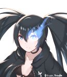  1girl artist_name bangs bikini_top black_bikini_top black_hair black_rock_shooter black_rock_shooter_(character) blue_eyes blue_fire burning_eye collarbone commentary disco_brando fire glowing glowing_eye hair_between_eyes highres long_hair looking_at_viewer open_clothes serious simple_background solo twintails twitter_username upper_body white_background 